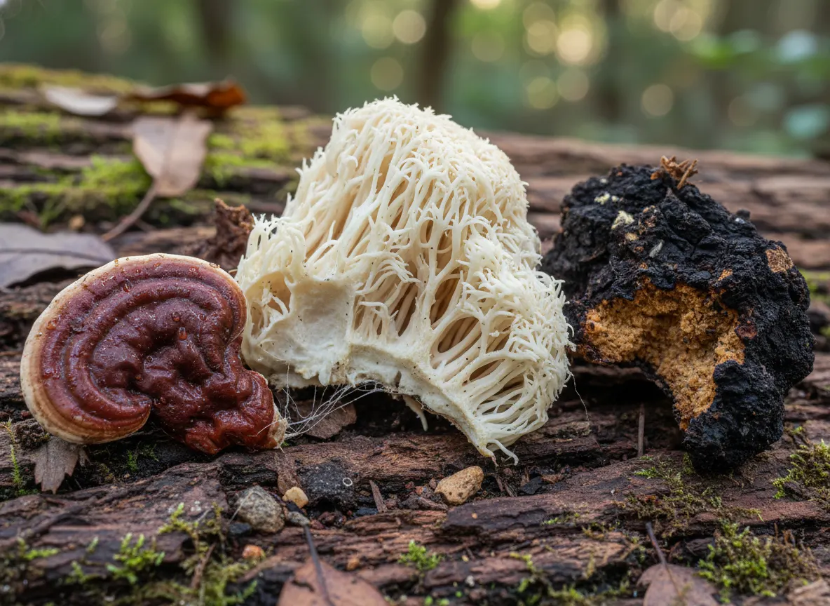 Close-up macro shot of fresh fruiting body mushroom cross-section (Lion's Mane, Reishi, Chaga varieties visible), earthy w...