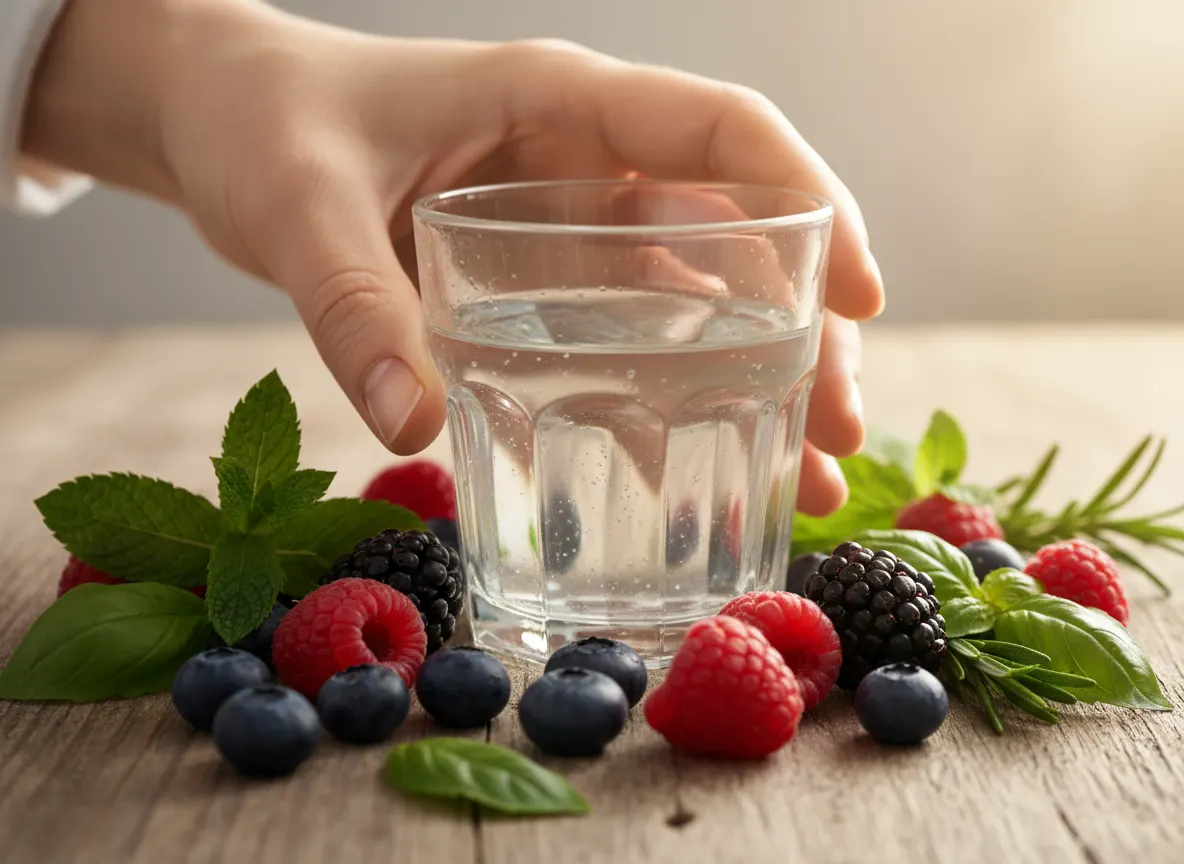 Close-up of a steady hand holding a small glass of clear liquid, surrounded by fresh berries and green herbs on a wooden s...