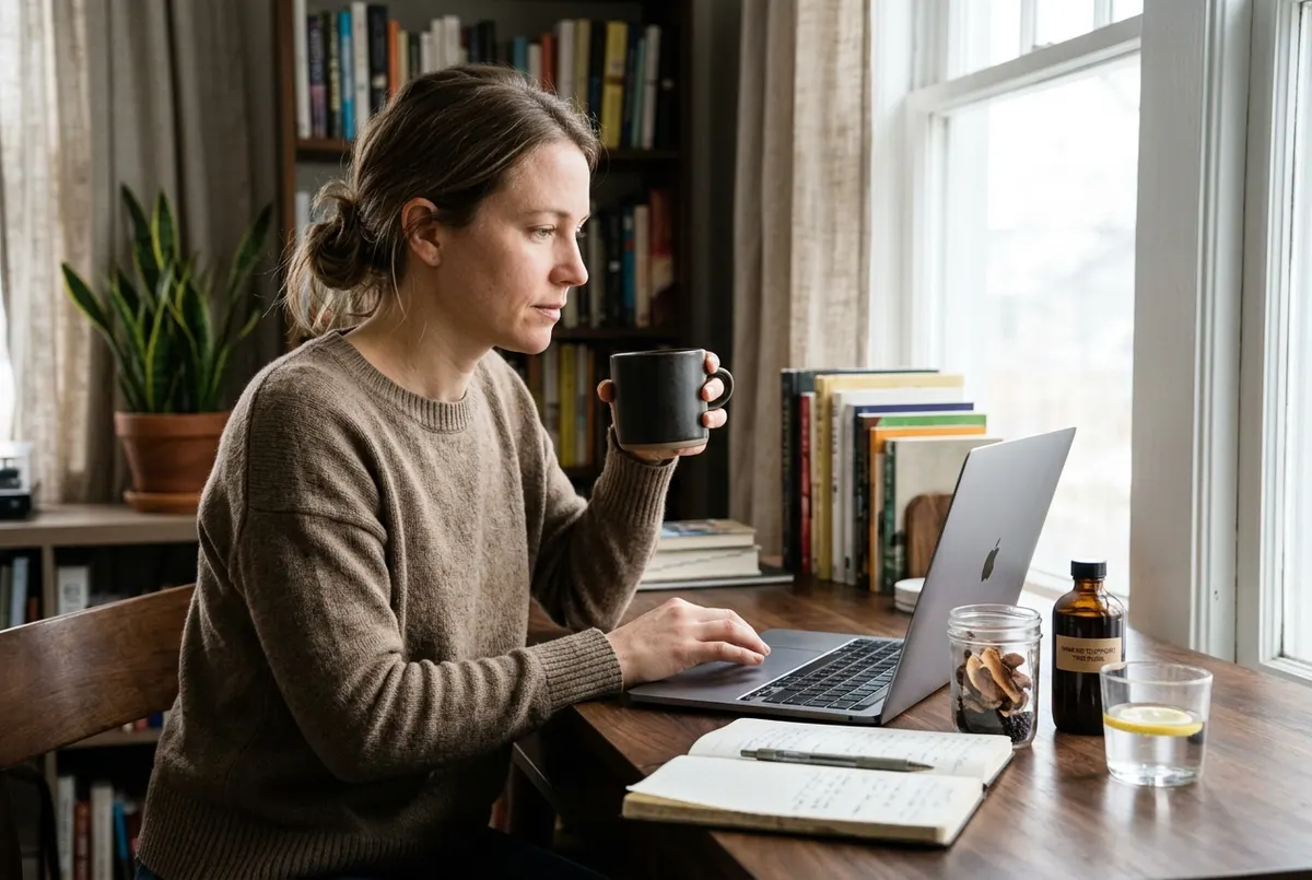 Real candid moment — someone at a desk in the morning, coffee or supplement nearby, natural light, focused and calm. Shot ...