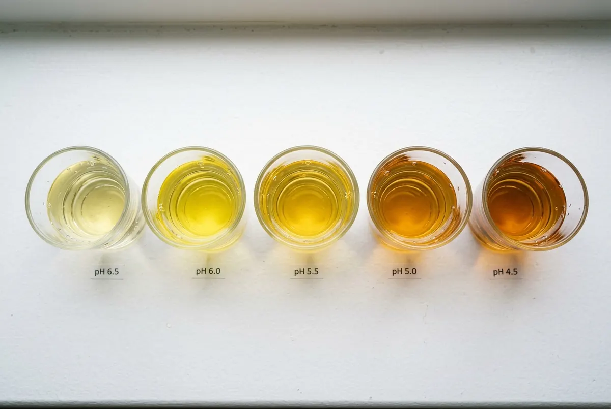 A close-up overhead view of five small identical clear glasses arranged in a horizontal line on a white surface, each fill...