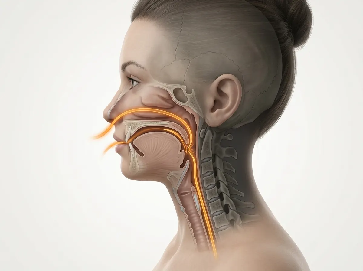 A medical showing one female profile figure in side view, centered with generous margins. A single glowing amber pathway (...