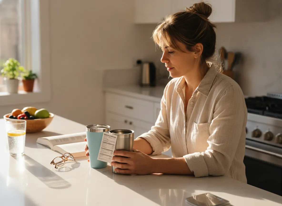 A health-conscious woman age 30-45 at a bright kitchen counter comparing two coffee cups side by side, examining labels wi...