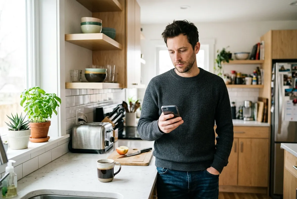 A person holding a phone at arm's length, staring blankly at the screen while standing in a bright modern kitchen. Mid-mor...