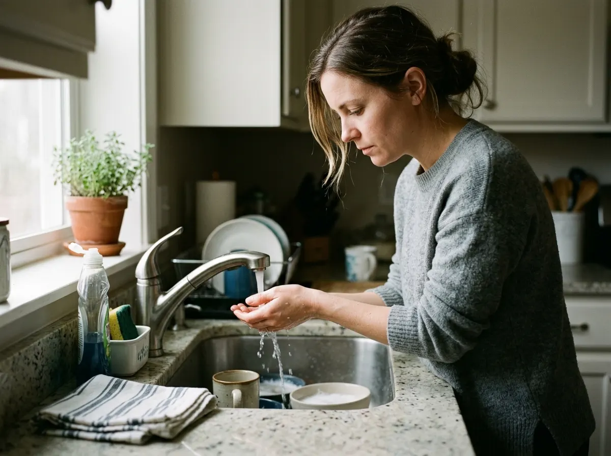 A woman at a kitchen sink pausing mid-dishwashing, glancing down at her bare hand under running water, soft indirect dayli...