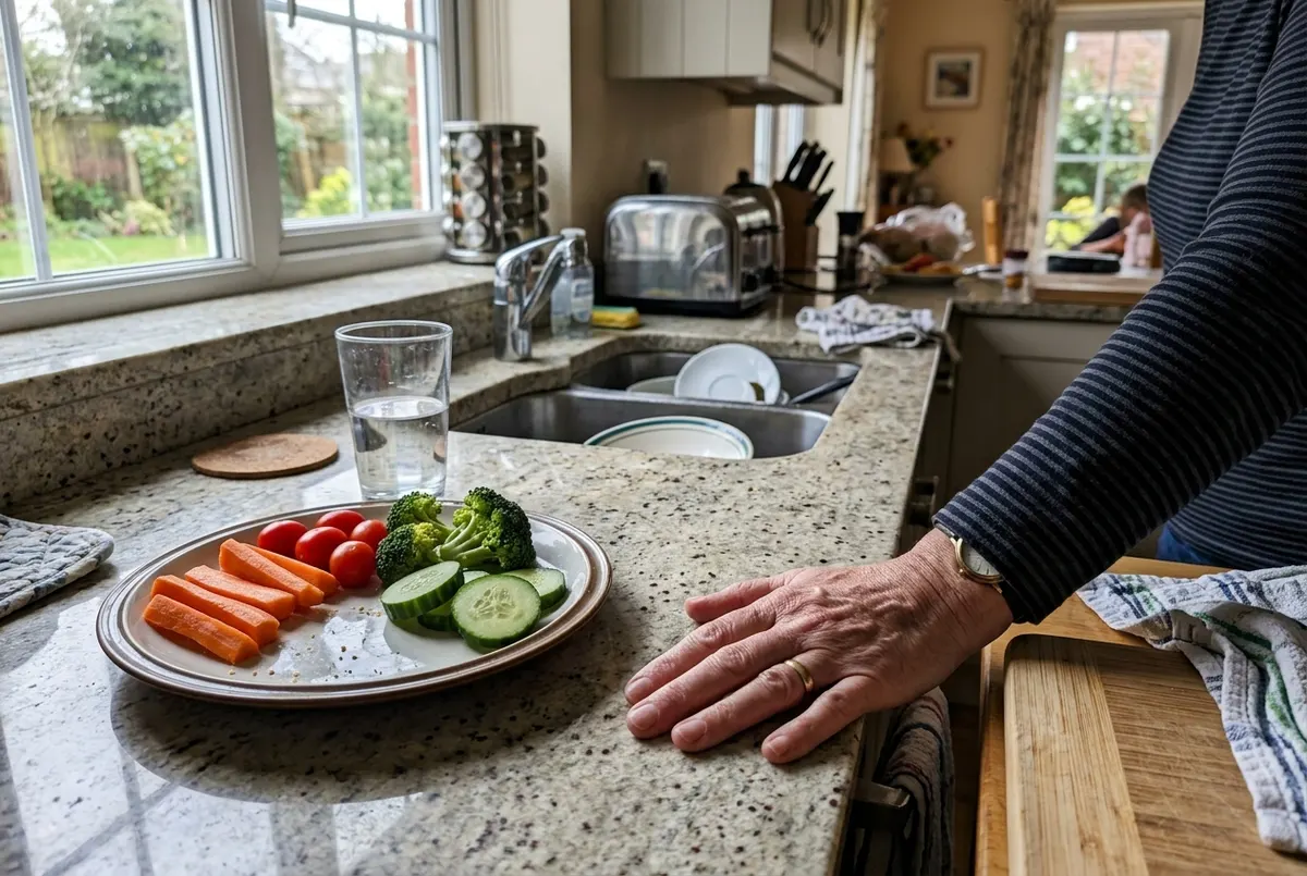 A kitchen counter scene with a mostly-untouched plate of vegetables pushed to the side, a glass of water, and a parent's h...
