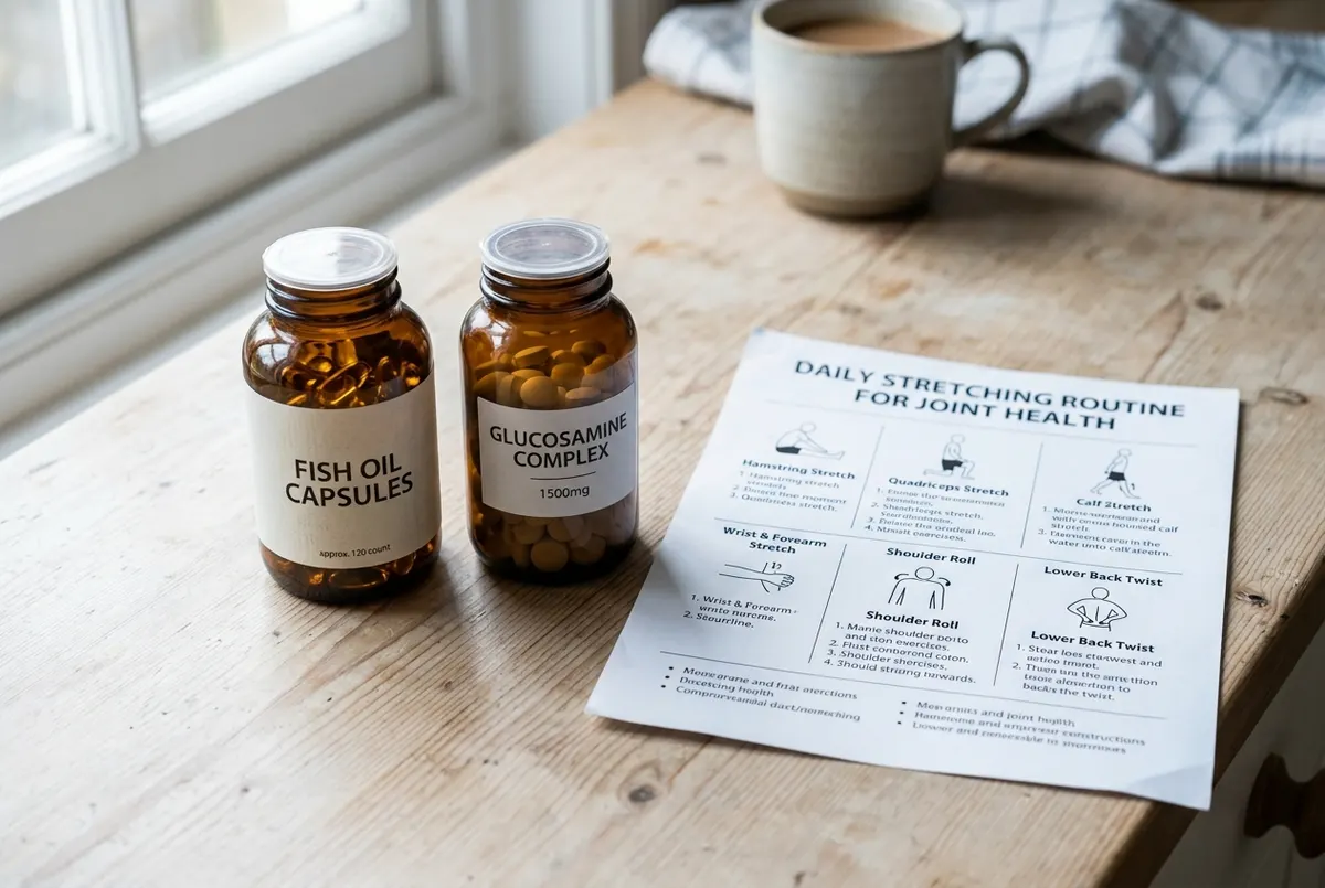 A flat-lay on a pale wooden kitchen counter: a bottle of standard fish oil capsules, a bottle of glucosamine tablets, and ...