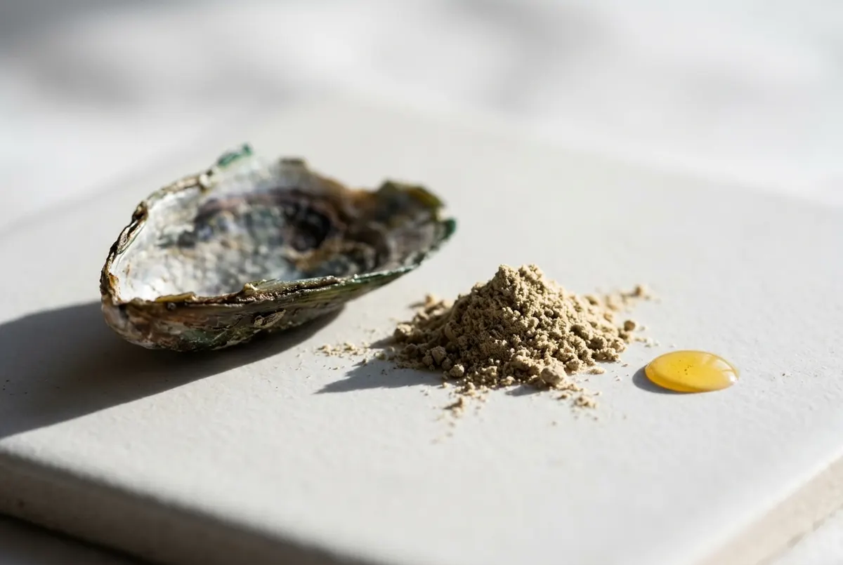 of a single dried green lipped mussel shell fragment next to a tiny pile of beige defatted powder on a white ceramic surfa...