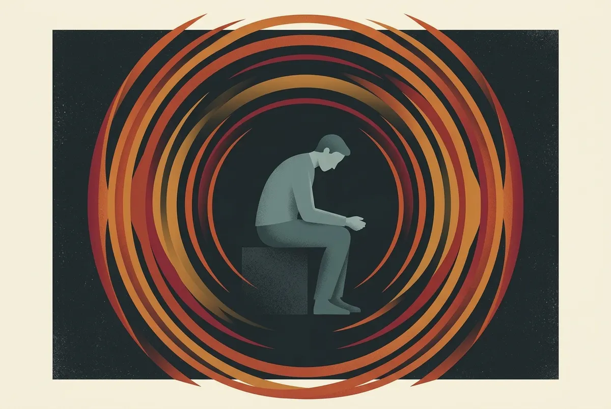 A stylized figure sits centered in profile, head slightly bowed, surrounded by layered concentric sound waves rendered as ...