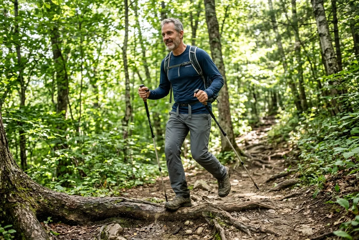 A man in his early 50s mid-stride on a wooded hiking trail, moving uphill with visible ease, one foot planted on a root, t...