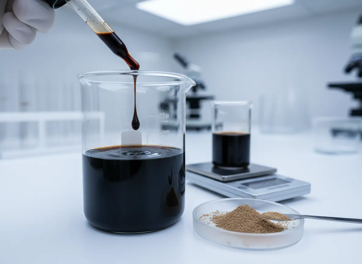 Close-up of a laboratory beaker with concentrated dark mushroom extract being measured precisely, showing the density and ...