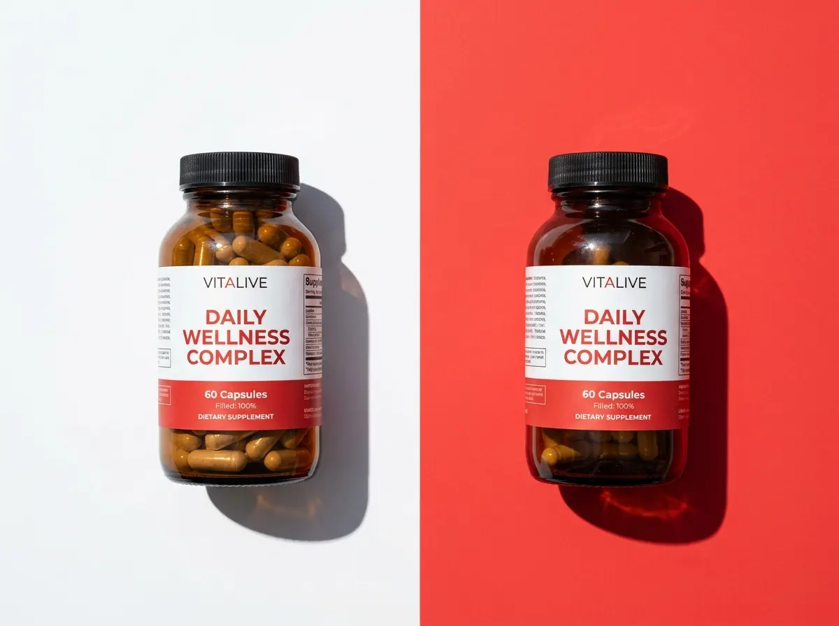 Close-up of two supplement bottles side by side on a bright studio backdrop, one bottle clearly three-quarters empty showi...