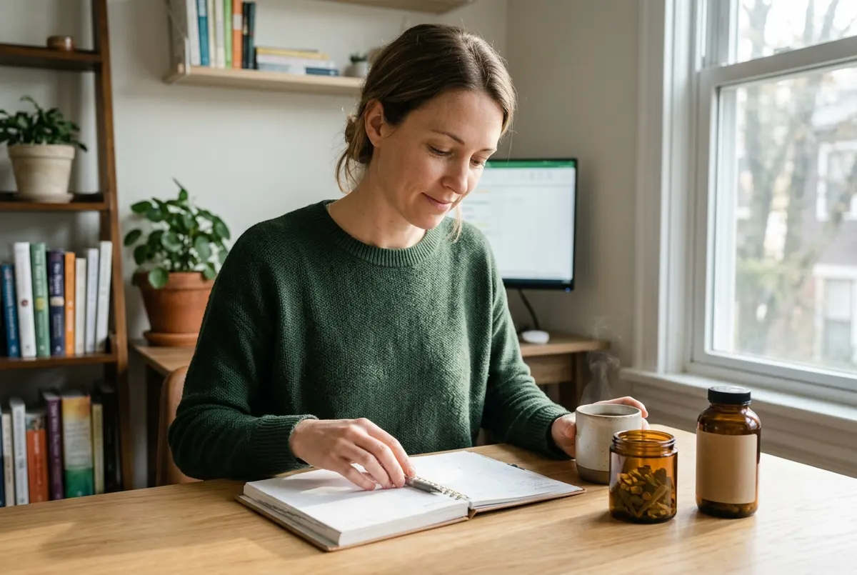 Real candid moment, someone at a desk in the morning, coffee or supplement nearby, natural light, focused and calm. Shot ...