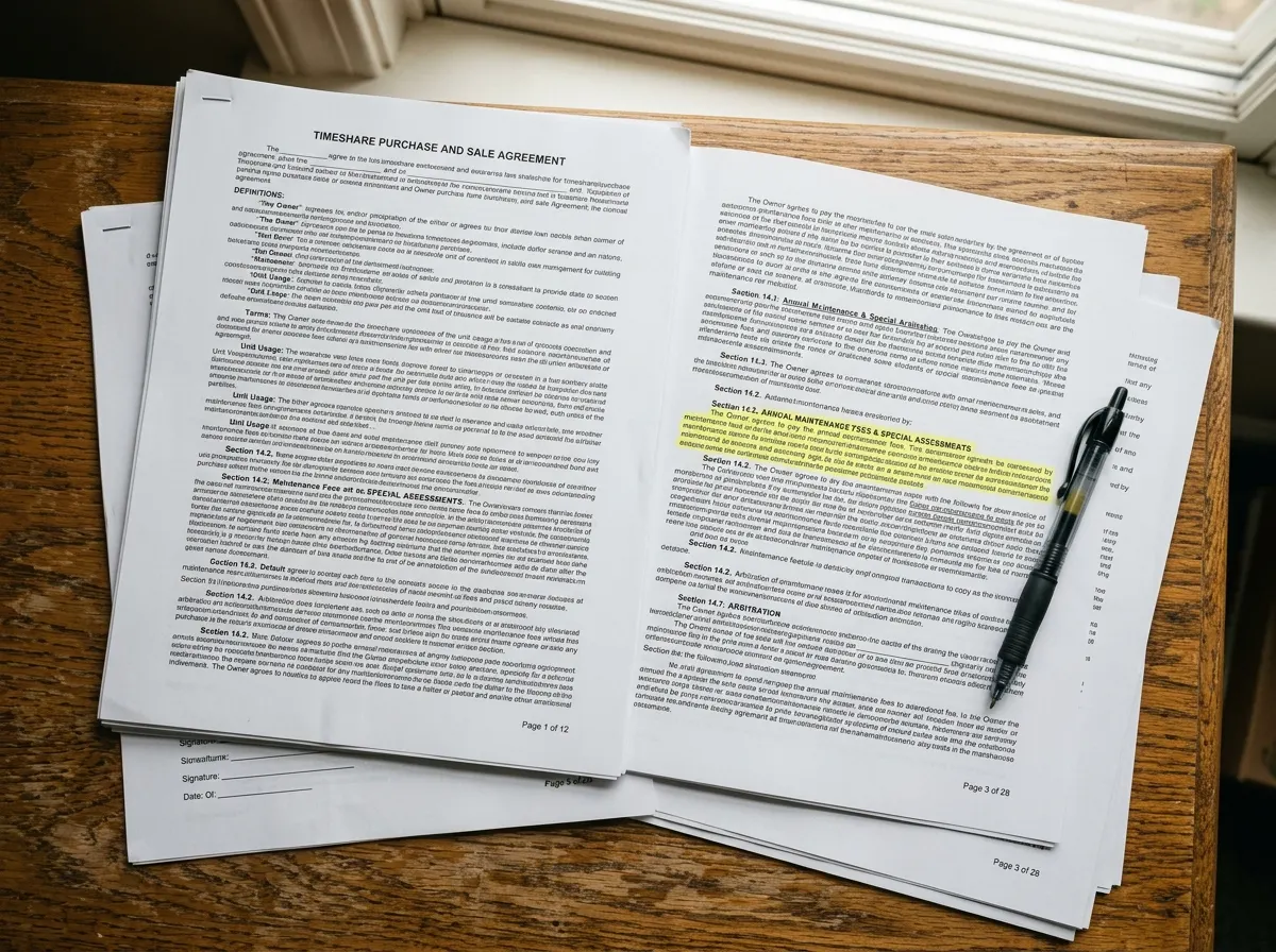Overhead close-up of a dense timeshare contract spread across a wooden desk, pages of small legal print.