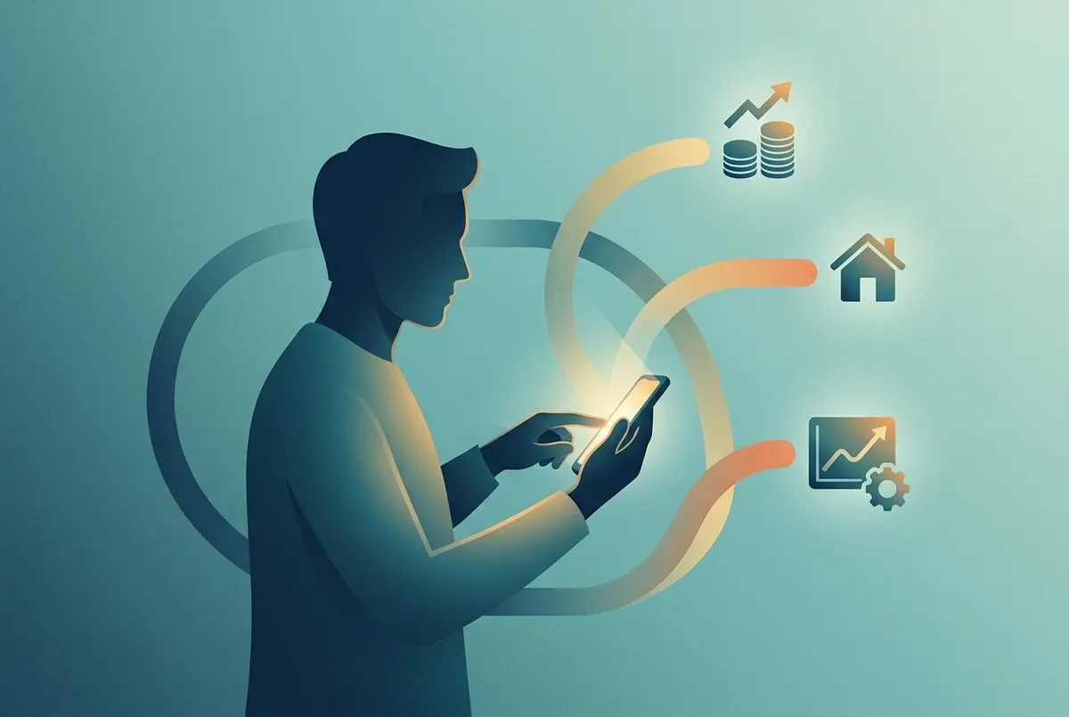 Modern semi-flat showing a person's silhouette in profile tapping a glowing smartphone, with three curved pathways radiati...