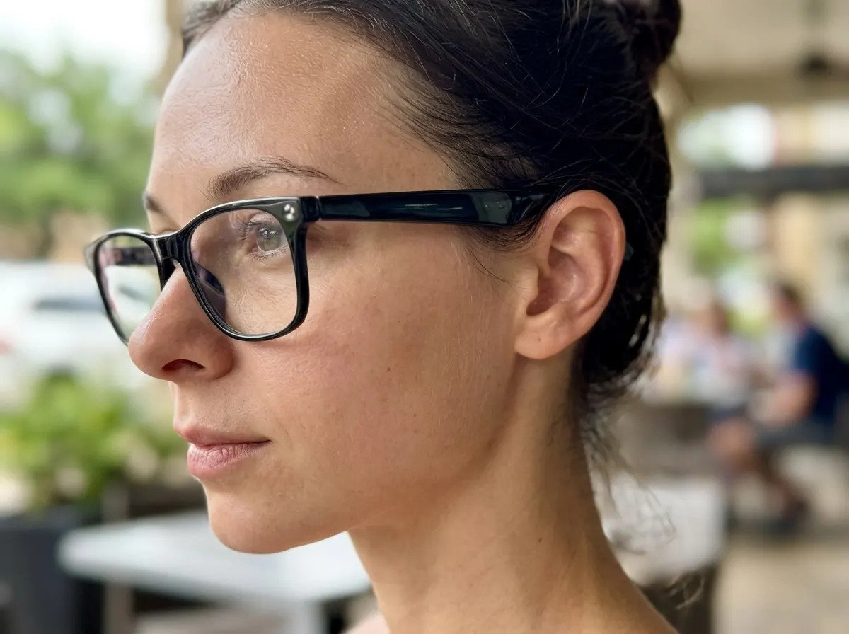 A close-up of a person's ear and temple area wearing slim smart glasses outdoors, soft window light from one side, the sub...