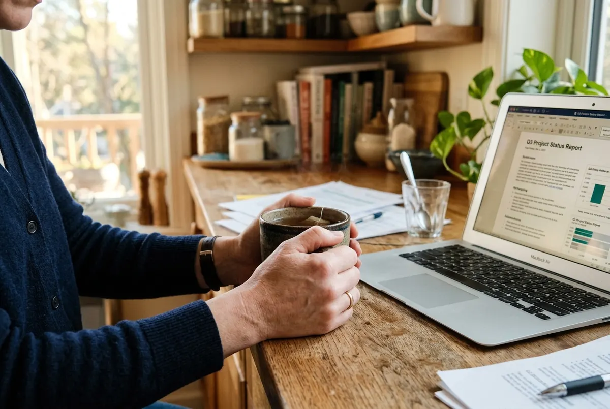 A close-up of a woman's hands holding a mug of tea at a kitchen counter in mid-afternoon. Her posture is upright but her k...