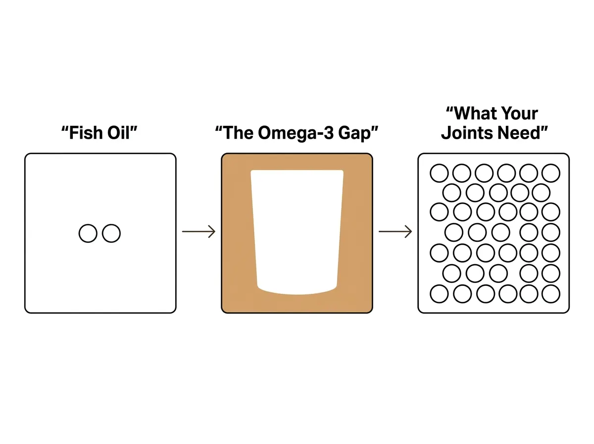Flat vector diagram with exactly three panels arranged left to right connected by thin arrows. Left panel: 'Fish Oil' with...