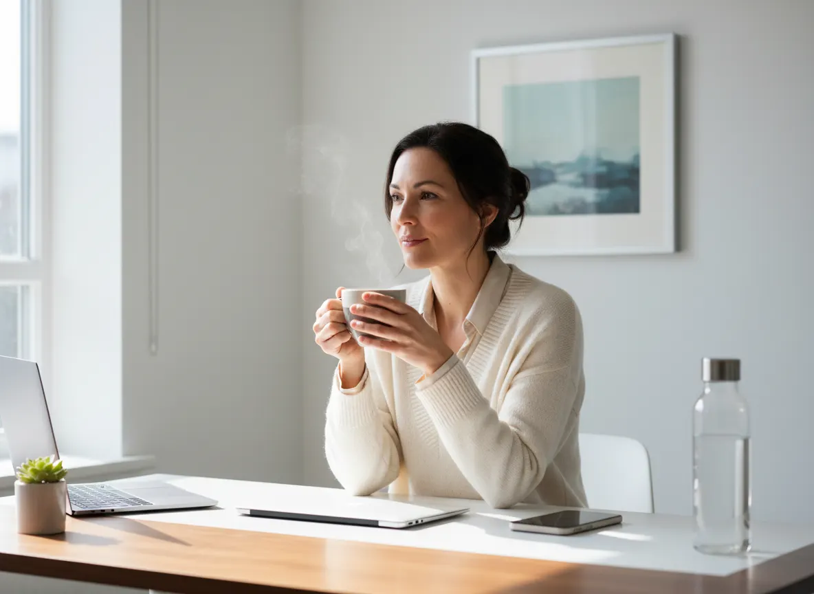 Health-conscious professional woman aged 35–45 at a minimalist desk, mid-morning, holding a steaming mug of coffee with ca...