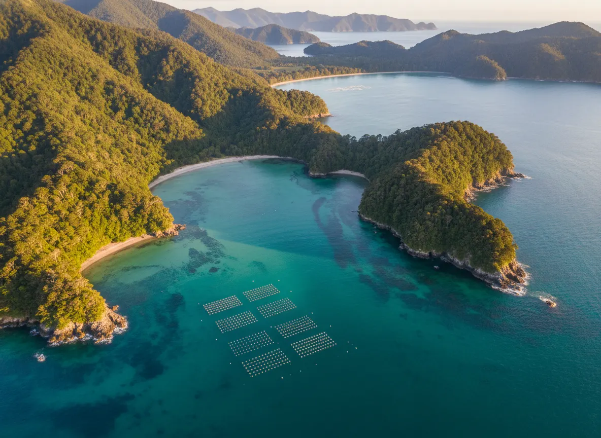 Serene aerial view of New Zealand's Marlborough Sounds coastline with pristine turquoise waters and green-forested cliffs,...