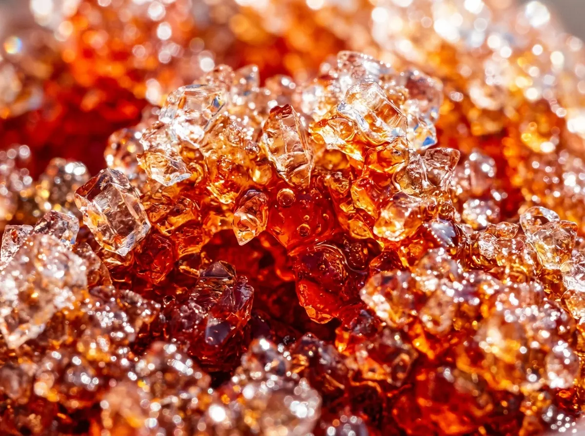 Extreme close-up of cola slushy ice crystals catching bright natural light, vibrant red-orange syrup suspended between tra...