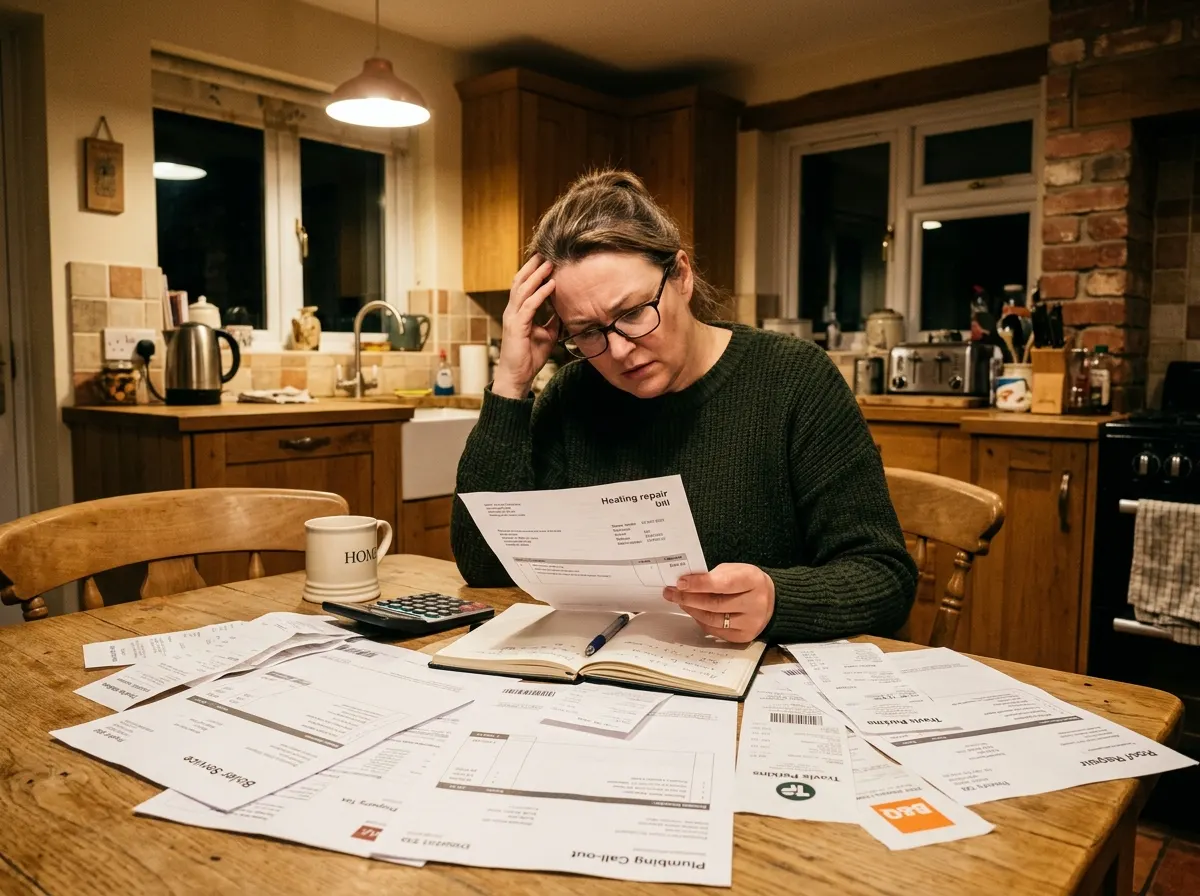 A UK property owner reviewing invoices and receipts at a kitchen table, maintenance bills spread out, thoughtful concerned...