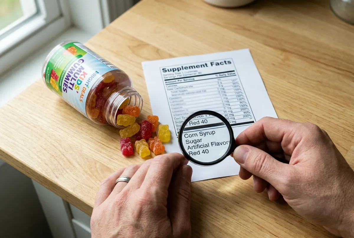 Top-down flat-lay arrangement on a light wooden kitchen counter: one opened gummy vitamin bottle tipped on its side with b...