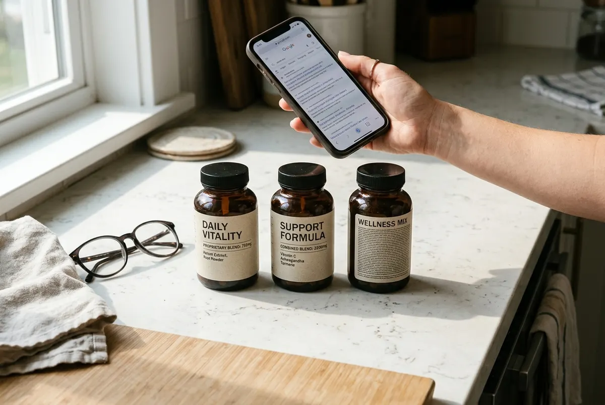 An overhead flat-lay on a kitchen counter: three supplement bottles arranged in a row, their labels facing up, each with a...