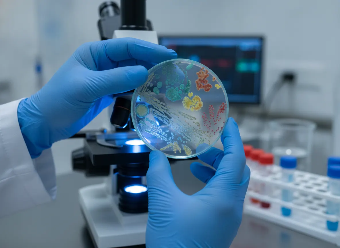 A close-up of a lab technician's hands examining a petri dish with bacterial cultures under microscope light, clinical bri...