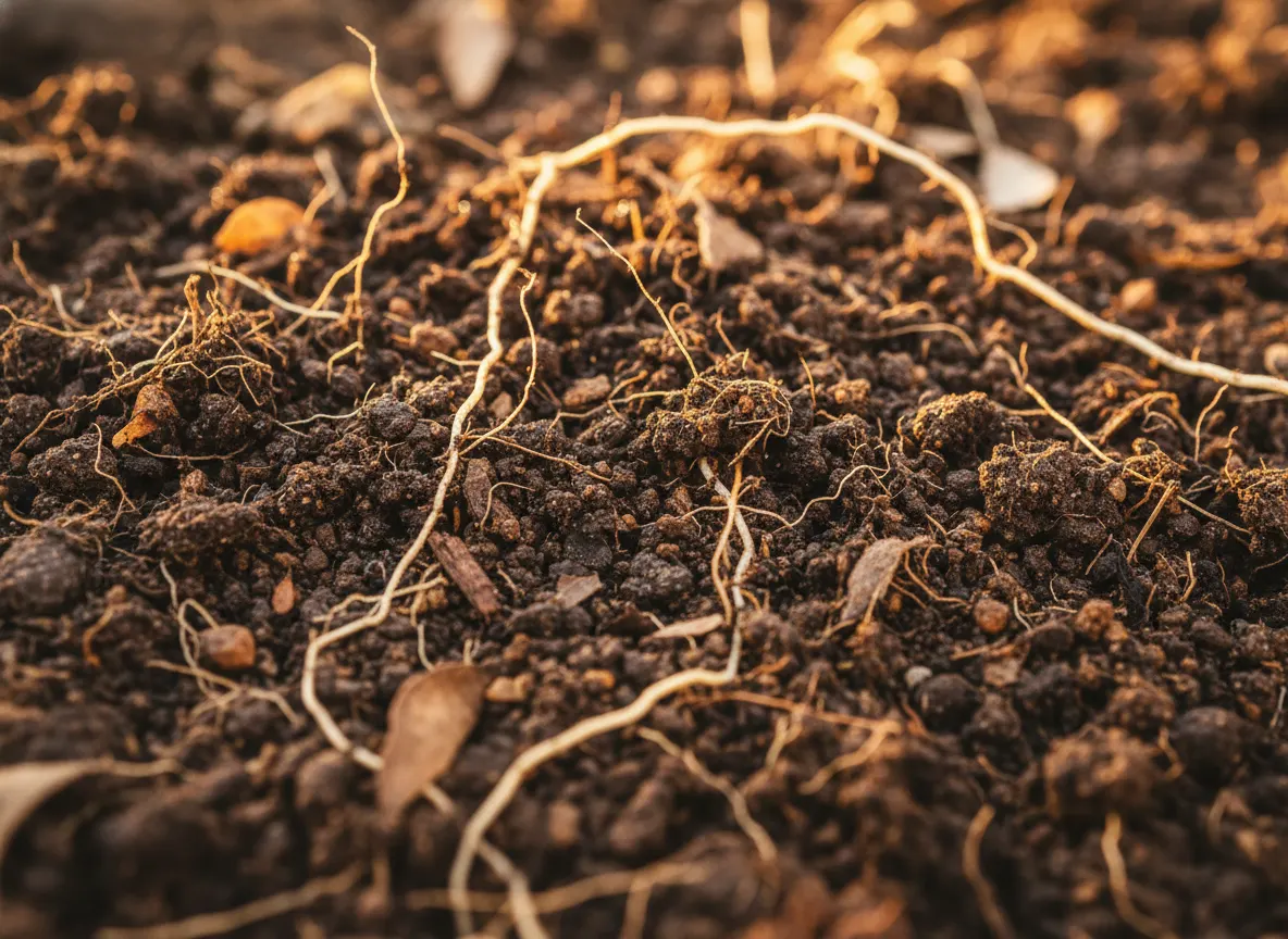 Close-up macro shot of rich, dark soil with visible plant roots and organic matter, warm natural light from above, depth-o...