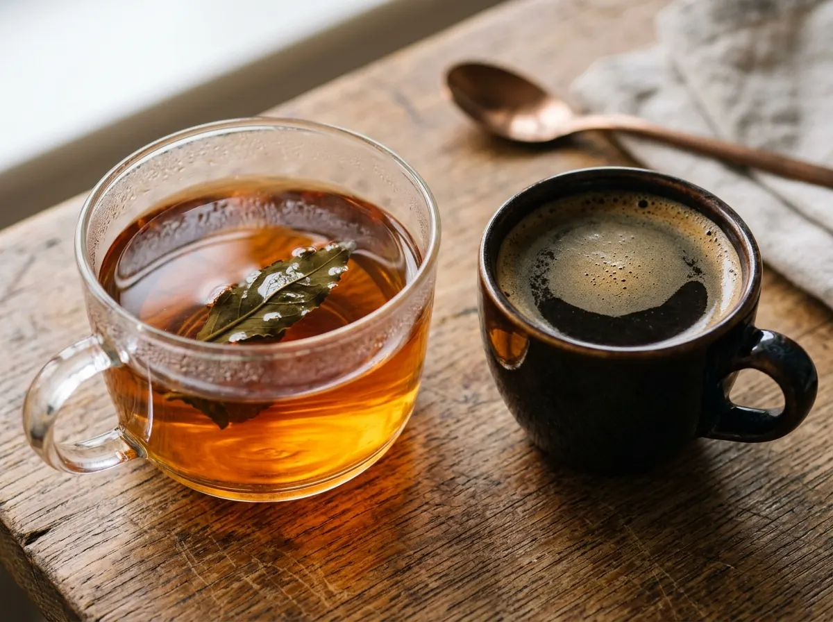 Close-up of a cup of tea with visible amber liquid and a tea leaf, and beside it a cup of black coffee, both on a wooden s...
