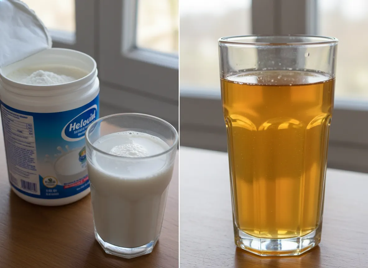 Close-up split-screen comparison: on left, a container of reconstituted milk powder next to a glass of cloudy liquid; on r...