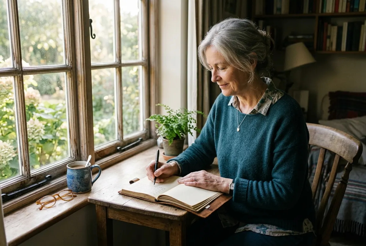 A woman in her early 60s seated at a small desk by a window, writing in a journal, gentle morning light illuminating the p...