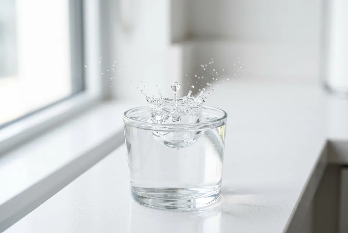 A clear glass of water sits on a white surface with a single droplet captured mid-splash, frozen at the moment of impact. ...