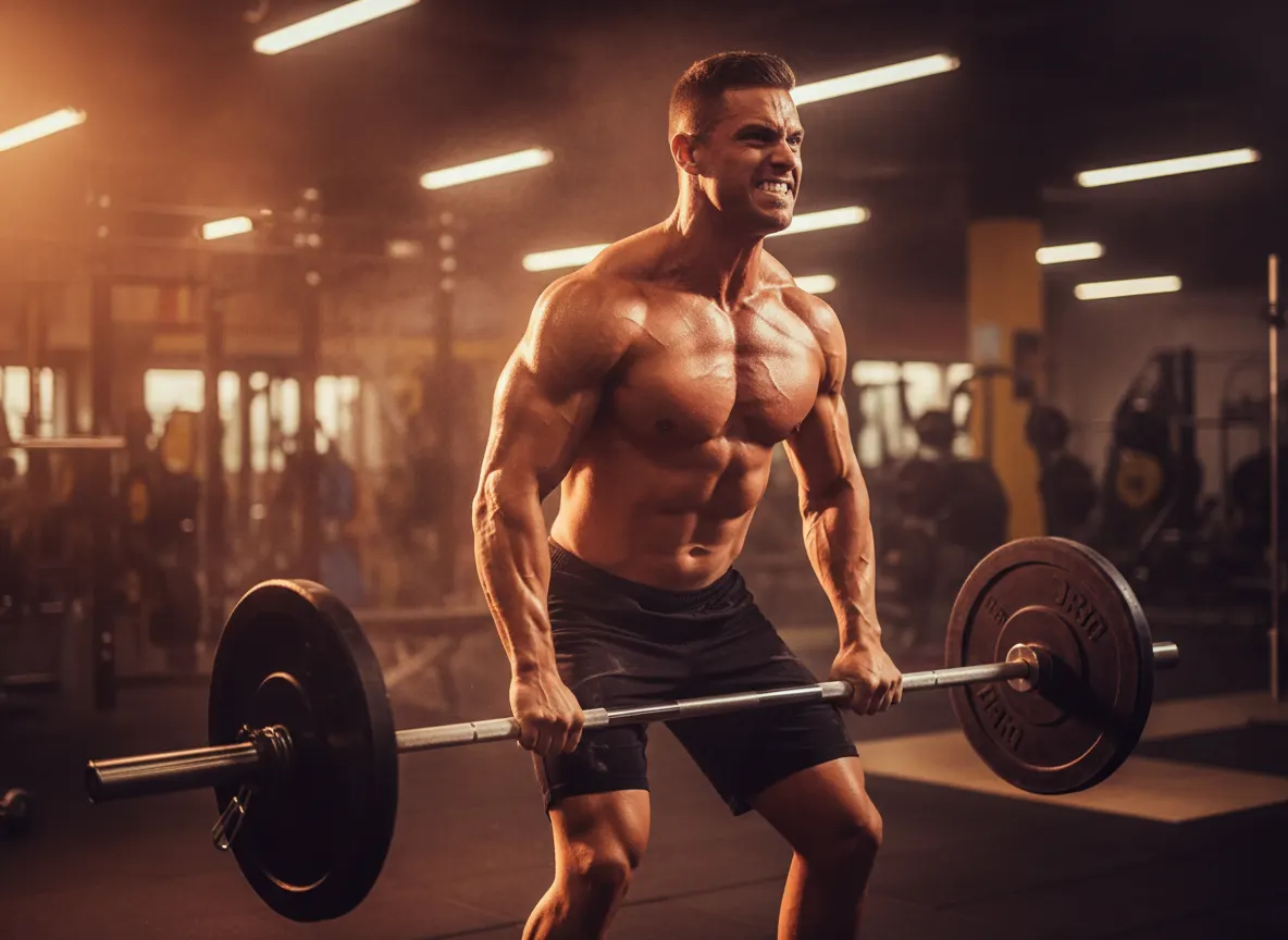 Athlete mid-explosive effort during barbell deadlift or sprint, muscles engaged and energized, warm gym lighting with focu...
