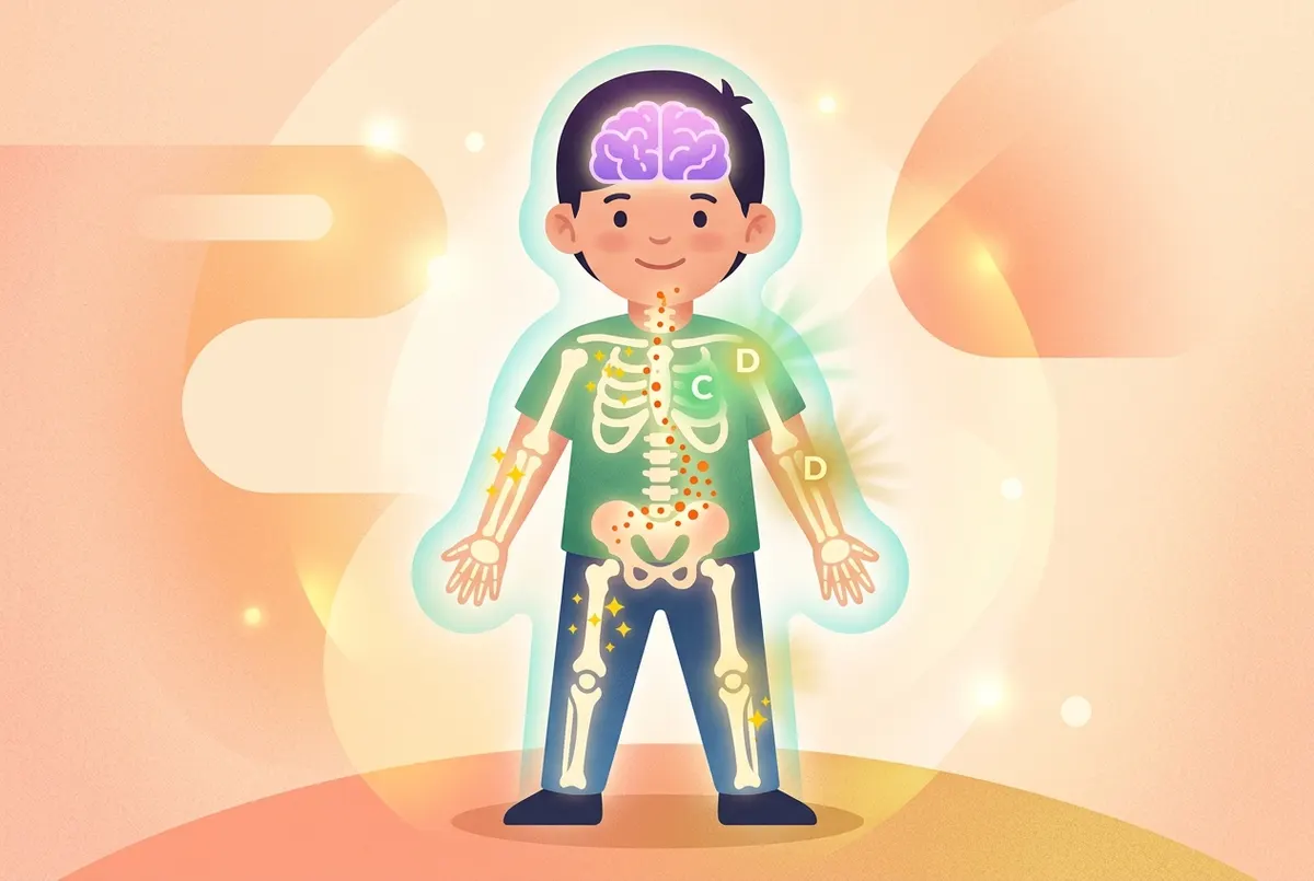 A semi-flat showing a young child figure in the center with a transparent view of their internal systems. The digestive tr...