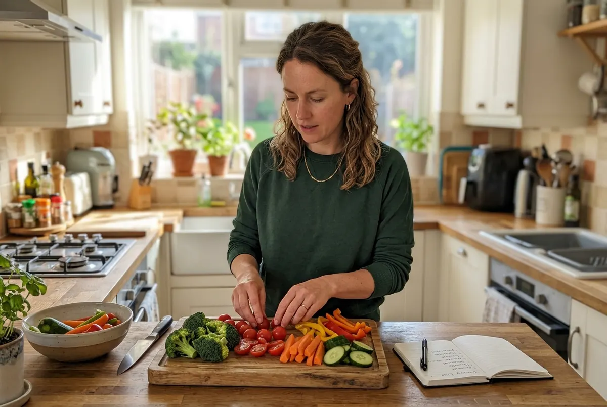 A woman in her mid-30s stands at a bright kitchen counter arranging colorful vegetables—broccoli florets, cherry tomatoes,...