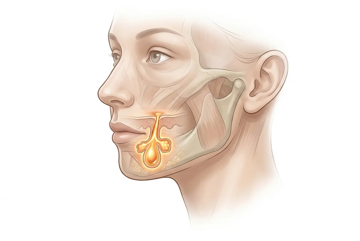 Transparent cross-section view of skin layers during hormonal surge — a single stylized figure showing one facial profile ...
