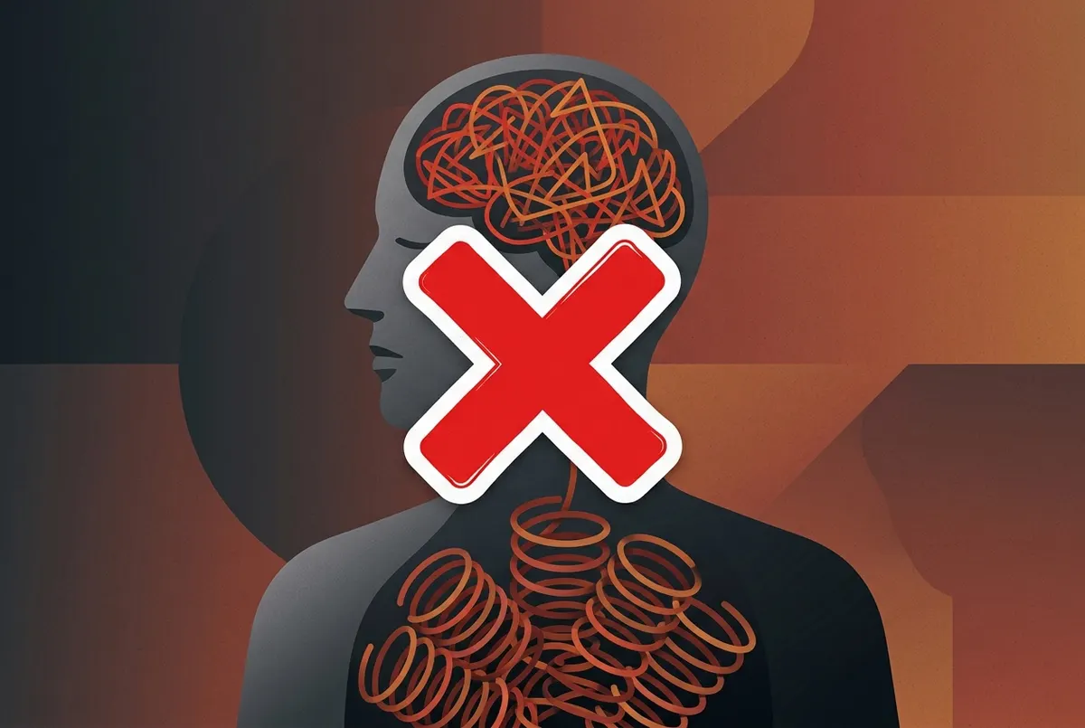 Flat showing a simplified human figure in profile, head filled with jagged tangled red and orange lines representing racin...