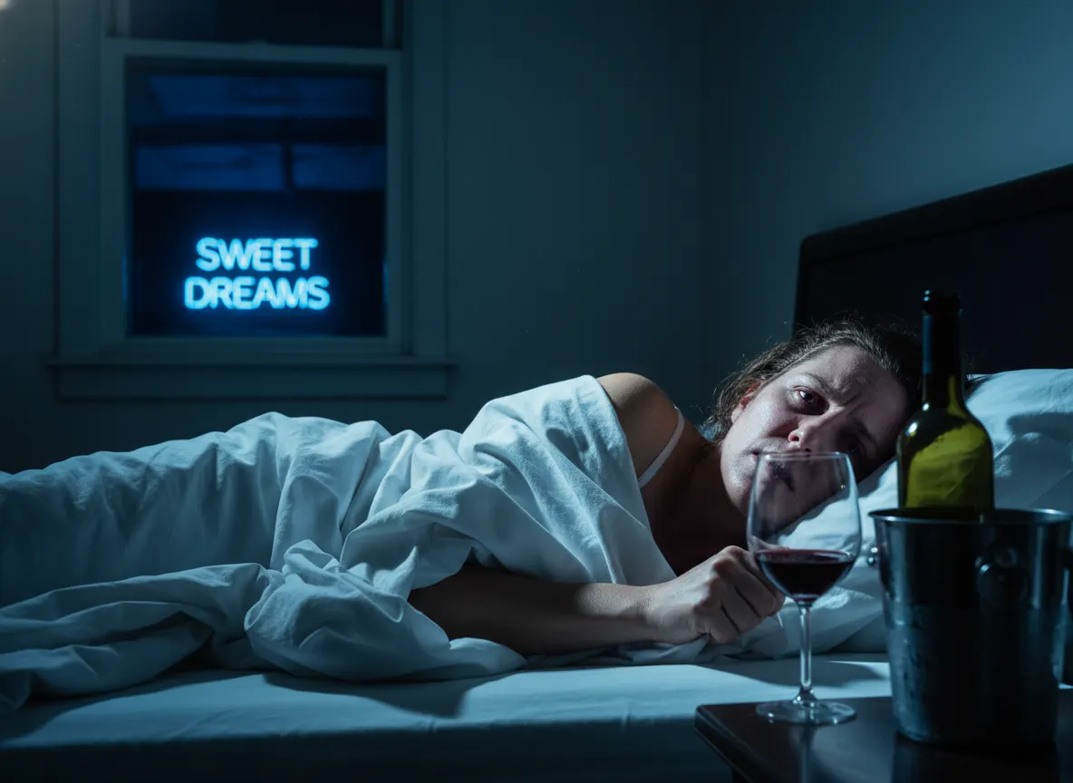 A person in bed at 3am, visibly restless and wired, cool blue bedroom lighting, tangled sheets, exhausted expression, cont...