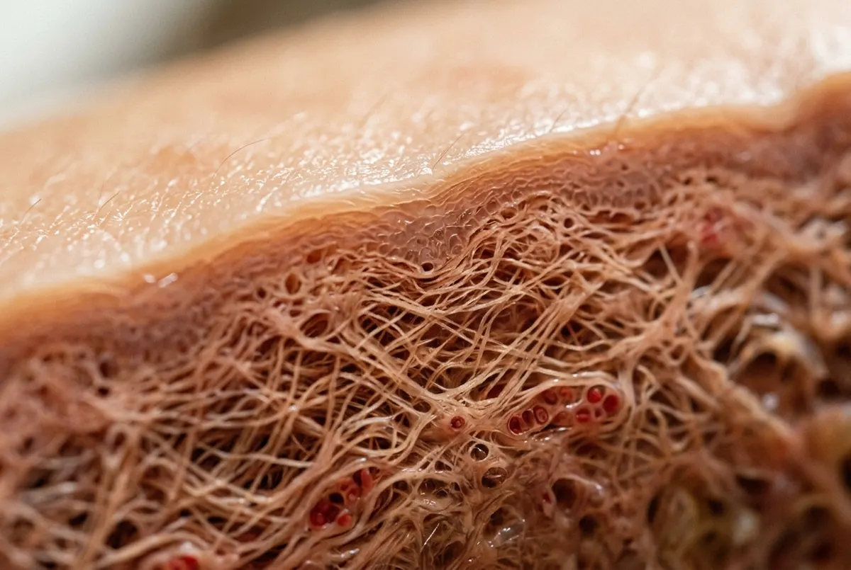 Extreme close-up of smooth facial skin showing the dermal layer structure beneath the surface, soft directional natural li...