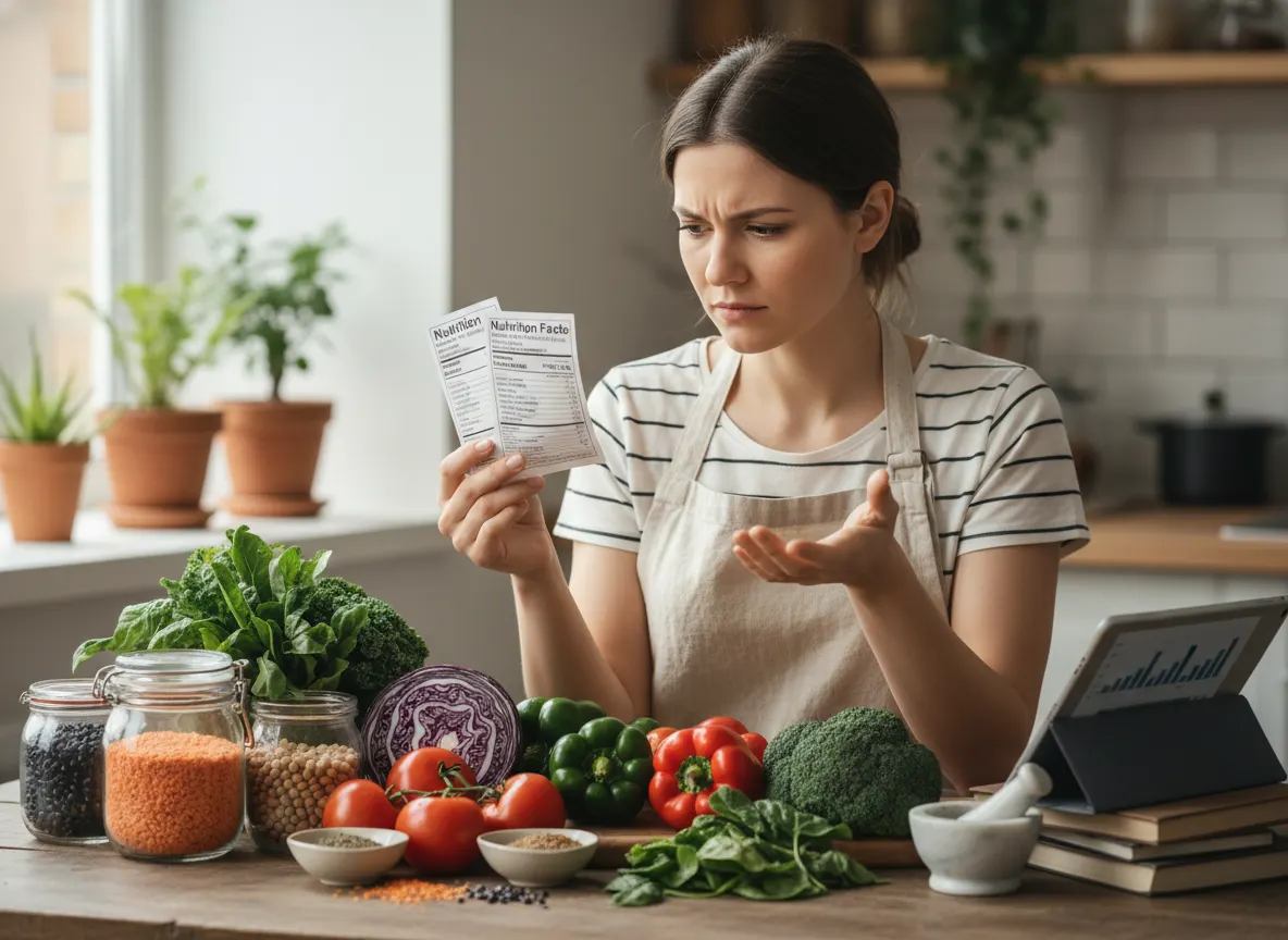A curious plant-based cook studying nutrition labels and comparing whole foods on a wooden table with fresh produce, leafy...