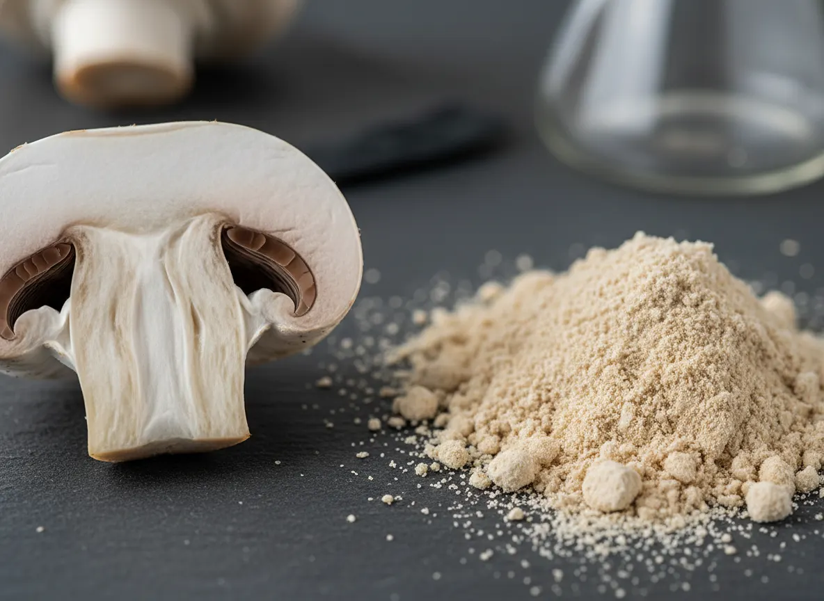 Close-up macro of fresh mushroom fruiting body cross-section next to grain-based mycelium powder, natural with depth of fi...