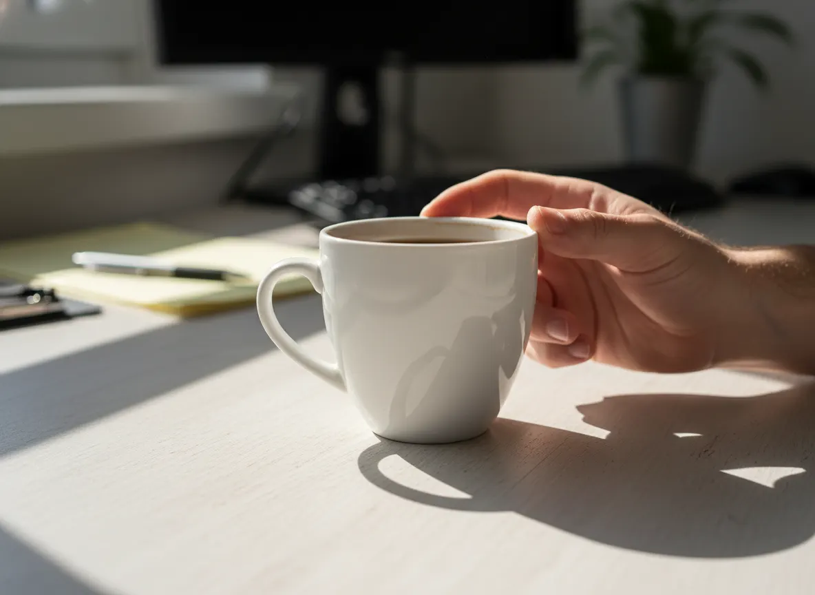 Close-up of a hand trembling next to a regular coffee cup on a desk, bright morning light casting sharp shadows, style emp...