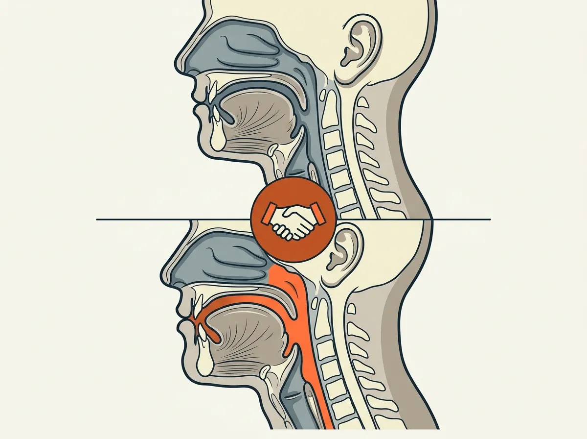 A cutaway medical diagram rendered as clean : side profile of a head and neck showing the airway. Top half: jaw relaxed, a...