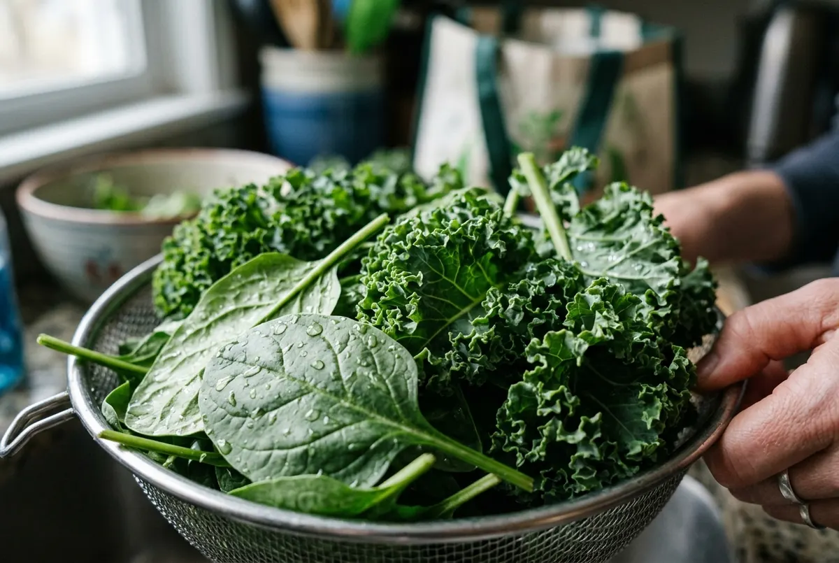 Extreme close-up of fresh dark leafy greens (kale and spinach) with water droplets, filling the frame edge-to-edge, bright...