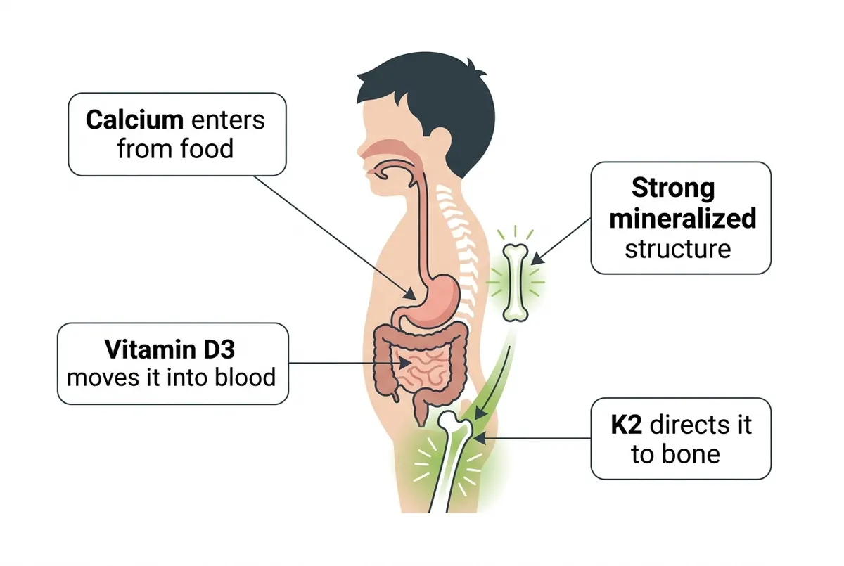 A central simplified of a child's digestive system and skeleton in profile, rendered in clean flat vector. Four callout la...