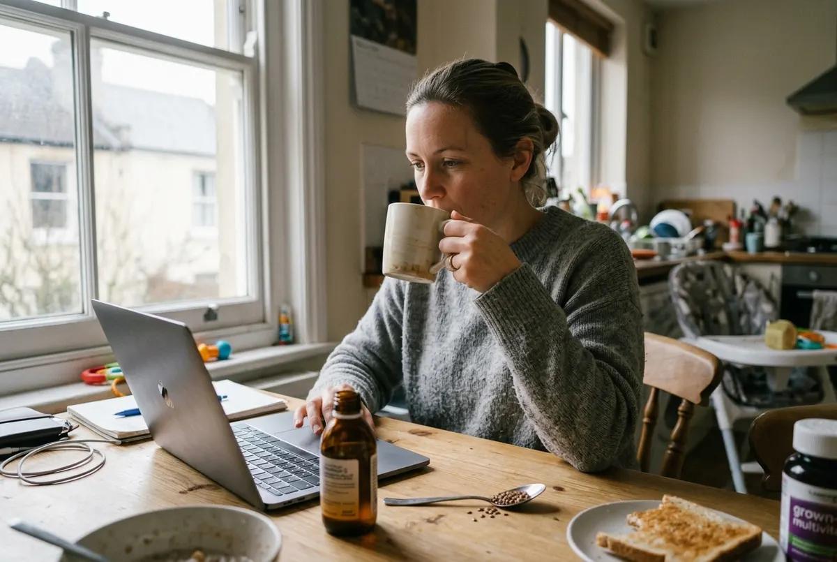 Real candid moment — someone at a desk in the morning, coffee or supplement nearby, natural light, focused and calm. Shot ...
