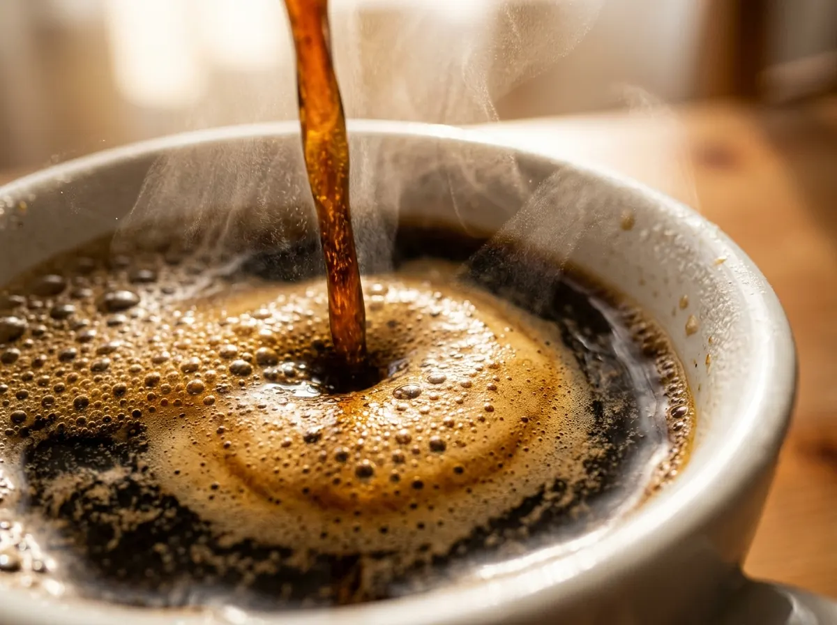 Extreme close-up of hot coffee being poured into a white ceramic mug, rich crema forming on the surface, steam rising, war...