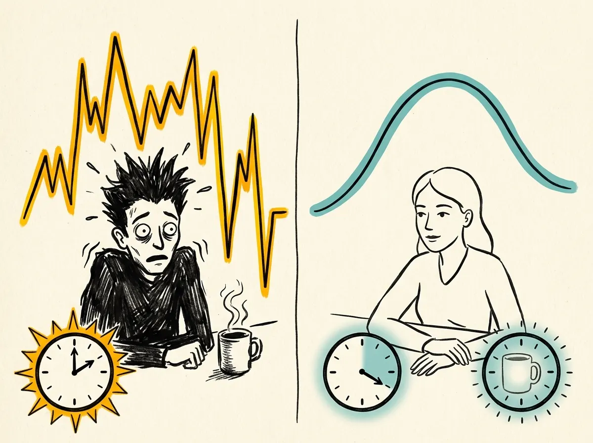 A split-screen concept: on the left, a sharp spike of energy (bright, jittery) from regular coffee at 2pm; on the right, a...