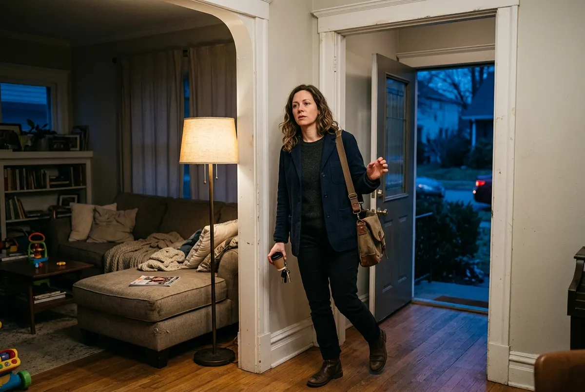 A woman in her late thirties stands in a living room doorway at dusk, frozen mid-step between the front door visible behin...